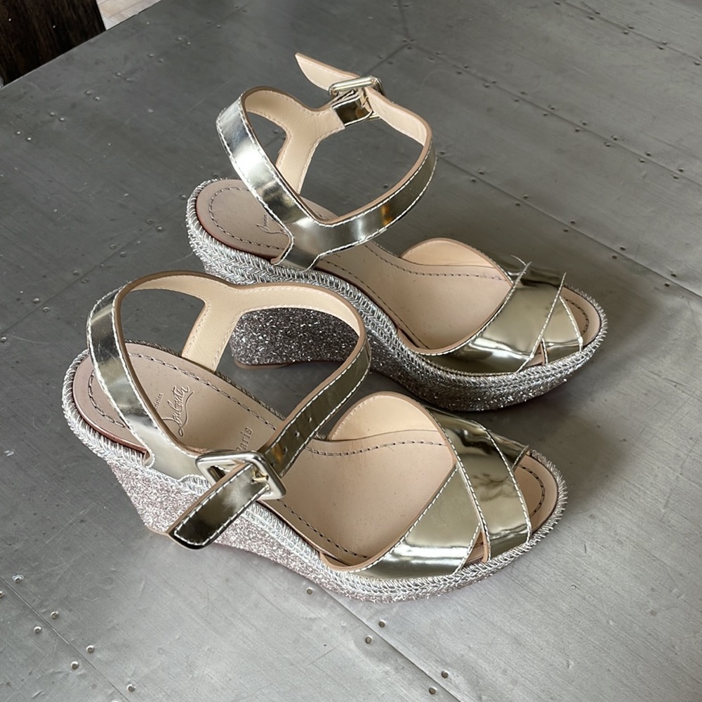 Christian louboutin almeria platine sandal espadrille glitter wedge sz 39 - Picture 2 of 10